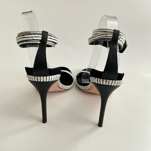 Cole Haan Leather Cyro Striped Snake Embossed Heeled Sandals Black White 10 - Picture 7 of 12